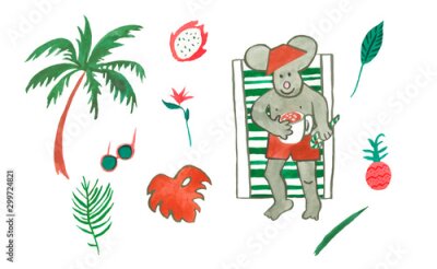 Papier peint  Set with watercolor a Dad mouse drinks cocoa in chaise, sunglasses, pineapple, strelitzia,dragon fruit, Palm tree and monstera. An illustration of a tropical Christmas holiday in red and green shades.