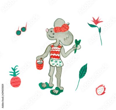 Papier peint  Set with watercolor a little mouse with a scoop, sunglasses, pineapple, strelitzia, dragon fruit, a shovel and a bucket. An illustration of a tropical Christmas holiday in red and green shades.