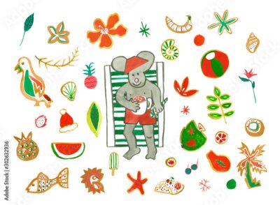 Papier peint  Set with watercolor Dad mouse drinks cocoa in chaise,sunglasses,pineapple,strelitzia,dragon fruit,tropical flowers,ball,parrot,shells,hat, grapefruit. An illustration of a tropical Christmas holiday.