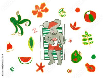 Papier peint  Set with watercolor Dad mouse drinks cocoa in chaise,sunglasses,pineapple,strelitzia,dragon fruit,tropical flowers,ball,parrot,shells,hat, grapefruit. An illustration of a tropical Christmas holiday.
