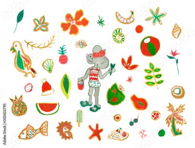 Papier peint  Set with watercolor little mouse in chaise,sunglasses,pineapple,strelitzia,dragon fruit,tropical ,flowers,octopus.ball,parrot,shells,hat, grapefruit. An illustration of a tropical Christmas holiday.