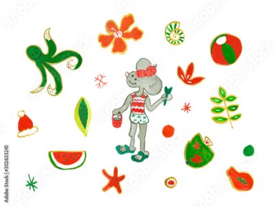 Papier peint  Set with watercolor little mouse in chaise,sunglasses,pineapple,strelitzia,dragon fruit,tropical ,flowers,octopus.ball,parrot,shells,hat, grapefruit. An illustration of a tropical Christmas holiday.