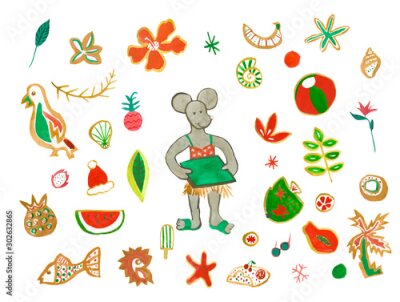 Papier peint  Set with watercolor Mom mouse  in chaise,sunglasses,pineapple,strelitzia,dragon fruit,octopus,tropical flowers,ball,parrot,shells,hat, grapefruit. An illustration of a tropical Christmas holiday.