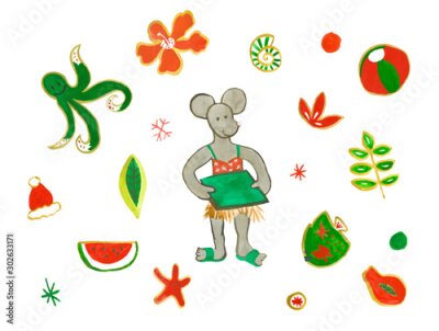 Papier peint  Set with watercolor Mom mouse  in chaise,sunglasses,pineapple,strelitzia,dragon fruit,octopus,tropical flowers,ball,parrot,shells,hat, grapefruit. An illustration of a tropical Christmas holiday.