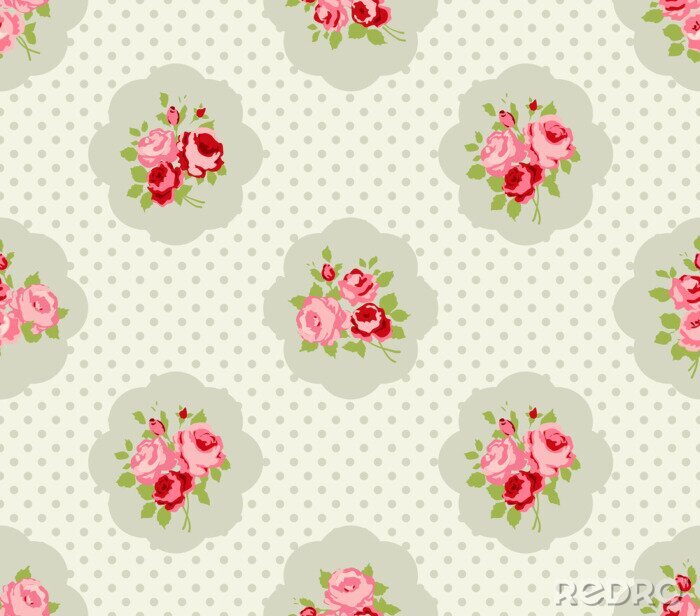Papier peint  Shabby chic à fleurs roses et pois gris