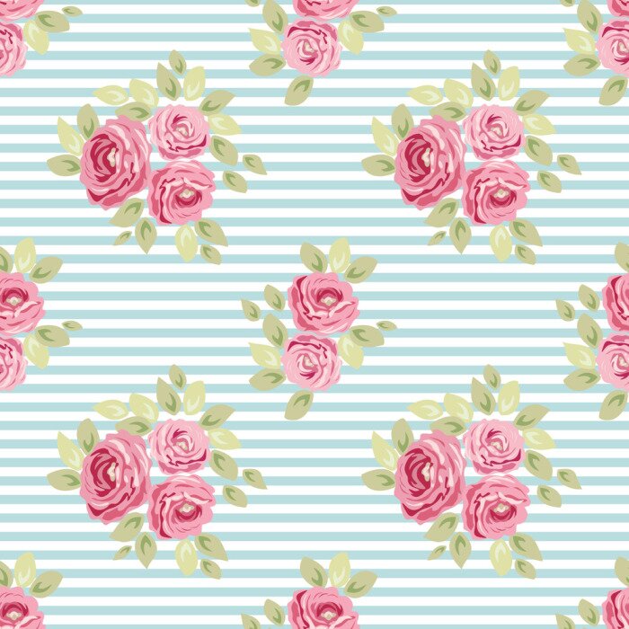 Papier peint  Shabby chic roses bandes bleues