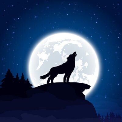 Papier peint  Silhouette noire de loup à la lune