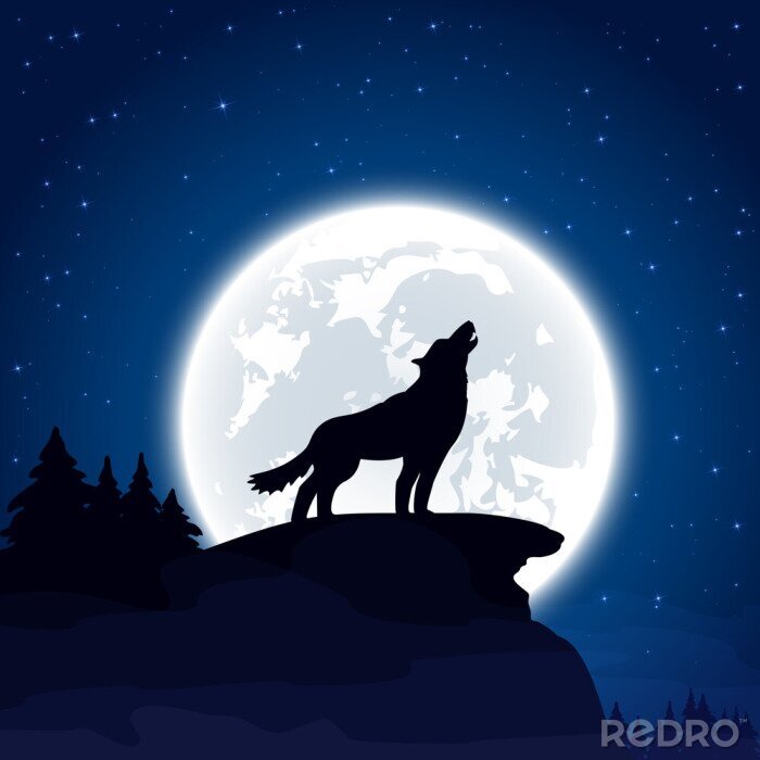 Papier peint  Silhouette noire de loup à la lune