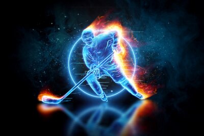 Papier peint  Silhouette of a hologram of a hockey player on fire on a dark background. The concept of sports, speed, sports betting. 3D illustration, 3D render.
