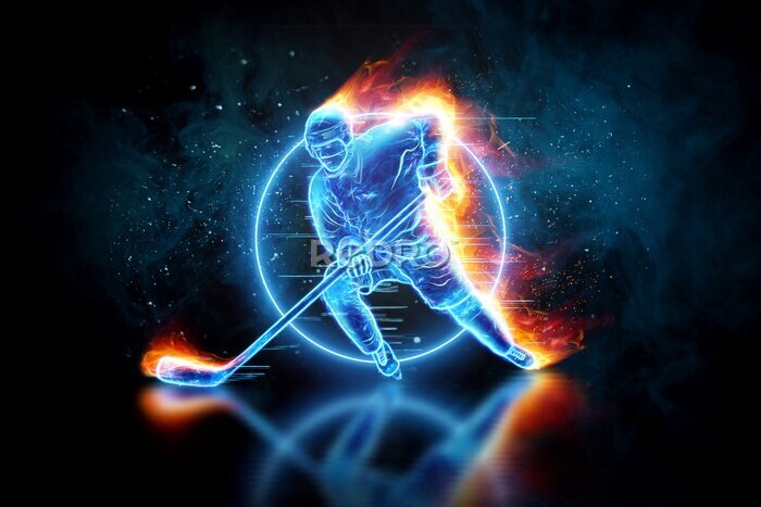 Papier peint  Silhouette of a hologram of a hockey player on fire on a dark background. The concept of sports, speed, sports betting. 3D illustration, 3D render.