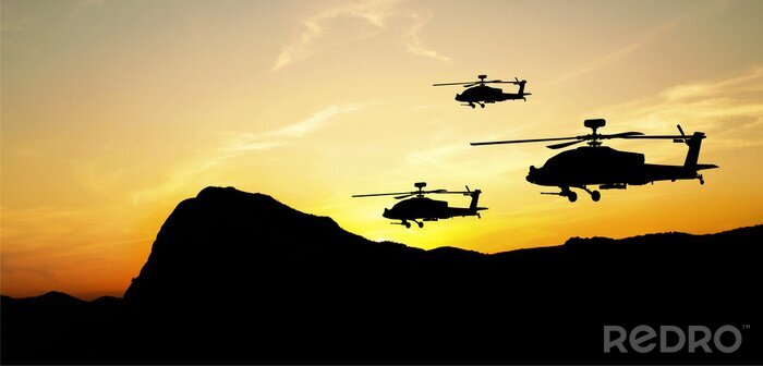 Papier peint  silhouettes d'hélicoptères sur fond coucher de soleil