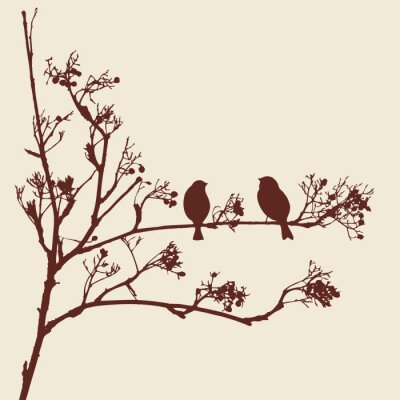 Papier peint  Silhouettes noires d'oiseaux sur un arbre
