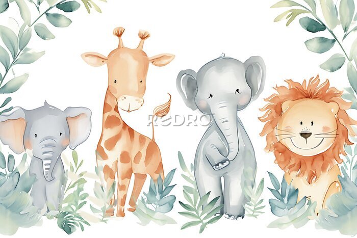 Papier peint  simple minimalistic flat style of watercolor sketch of cute cartoon::1

baby elephant, giraffe, lion, zebra], print for nursery room, duotone, pastel colors, pastel blue, pastel grey, white background