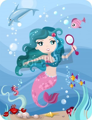 Papier peint  Sirène aux cheveux bleus