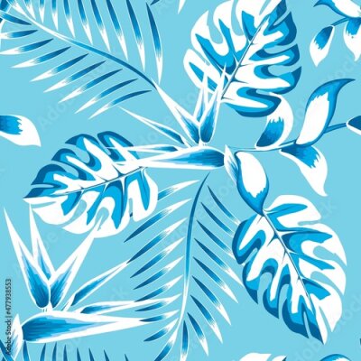 Papier peint  sky blue background vector design decorative with tropical monstera fern leaves and strelitzia flowers plant foliage. Floral background. Exotic tropics. Summer design. nature wallpaper illustration