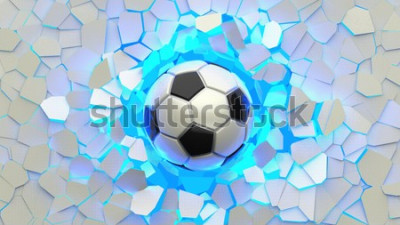 Papier peint  Soccer ball crash blue lighting white wall. The wall was cracked. 3D illustration. 3D high quality rendering.