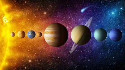 Papier peint  Solar system planet, comet, sun and star. Elements of this image furnished by NASA. Sun, mercury, Venus, planet earth, Mars, Jupiter, Saturn, Uranus, Neptune.  Science and education background.