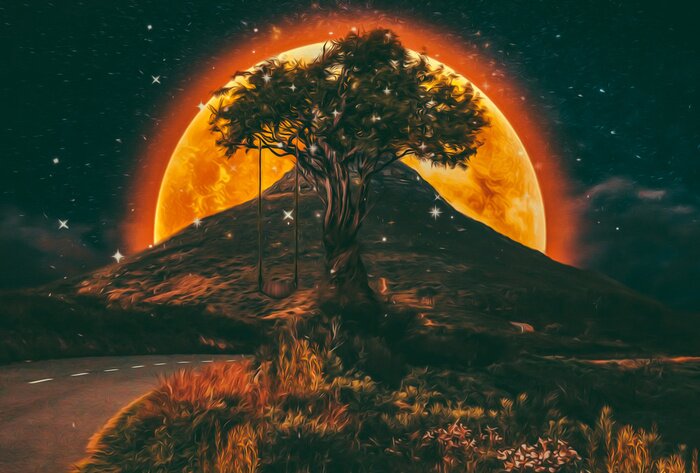 Papier peint  Soleil en feu derrière un paysage de montagne