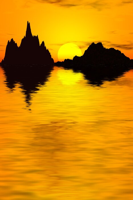 Papier peint  Soleil jaune entre les montagnes