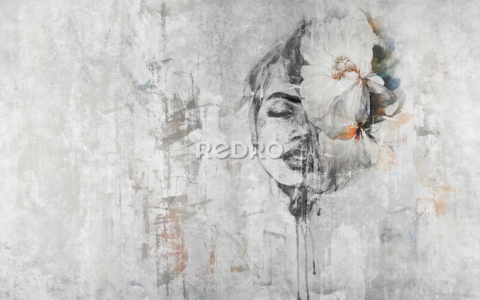 Papier peint  Spectacular watercolor woman face with white flower. Digital art 3D illustration.