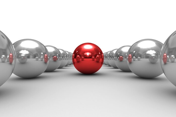 Papier peint  Sphère rouge entourée de sphères de métal