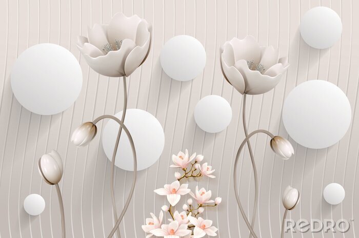 Papier peint  Sphères en 3D avec des fleurs