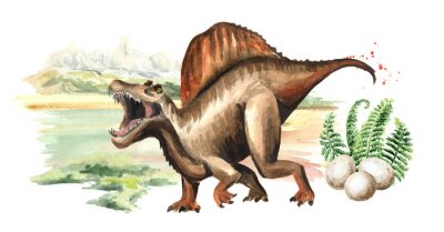 Spinosaurus et paysage aquarellé en arrière-plan