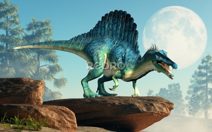 Papier peint  Spinosaurus sur une falaise avec la lune en arrière-plan