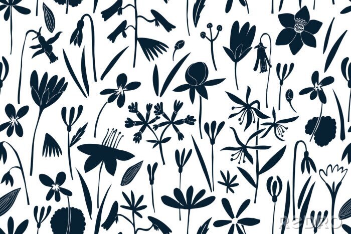 Papier peint  Spring flowers seamless vector pattern. Scandinavian style print. Hand drawn illustrations