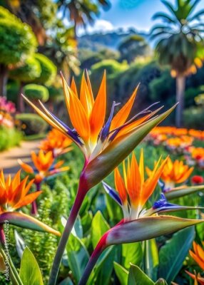 Papier peint  Spring gardens with blooming flowers. Botanical varieties of strelitzia flowers. Flower garden. Flower decorations. Pictures for the wall.Artistic photos of flowers. Fresh strelitzia flowers