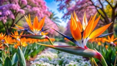 Papier peint  Spring gardens with blooming flowers. Botanical varieties of strelitzia flowers. Flower garden. Flower decorations. Pictures for the wall.Artistic photos of flowers. Fresh strelitzia flowers