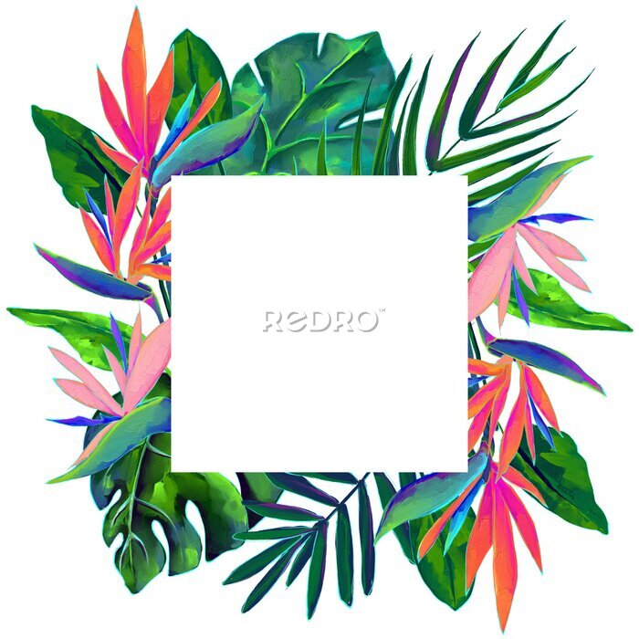 Papier peint  Square tropical frame with vibrant strelitzia flowers, monstera and palm leaves, oil painting