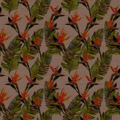 Papier peint  Stieglitz, pattern, watercolor funny seamless wallpaper wallpaper of tropical green palm leaves and strelitzia flowers on a beige background. Exotic wallpaper.