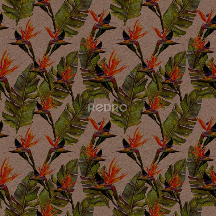 Papier peint  Stieglitz, pattern, watercolor funny seamless wallpaper wallpaper of tropical green palm leaves and strelitzia flowers on a beige background. Exotic wallpaper.