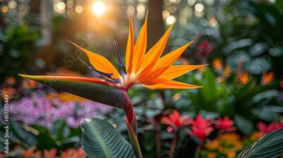 Papier peint  Strelitzia, also known as the Bird of Paradise flower, blooms vibrantly in a tropical garden. 