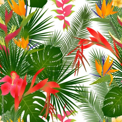Papier peint  Strelitzia and hibiscus tropical flowers, palm leaves, monstera foliage seamless vector pattern.