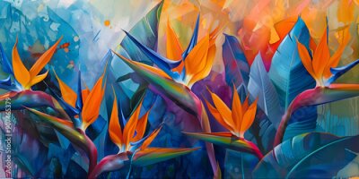 Papier peint  Strelitzia (Bird of Paradise) Exotic, bird-like flowers with bright orange and blue colors