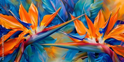 Papier peint  Strelitzia (Bird of Paradise) Exotic, bird-like flowers with bright orange and blue colors