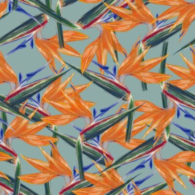Papier peint  Strelitzia (Bird of Paradise) flower watercolor seamless pattern. Light greenish blue background.