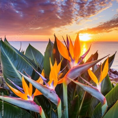 Papier peint  Strelitzia birds of paradise against a vivid sunset