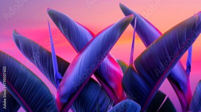 Papier peint  Strelitzia birds of paradise against a vivid sunset, exotic and endangered