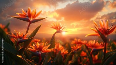 Papier peint  Strelitzia birds of paradise against a vivid sunset, exotic and endangered