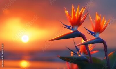 Papier peint  Strelitzia birds of paradise against a vivid sunset, Generative AI