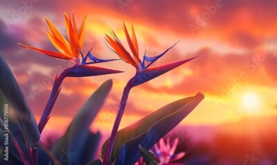 Papier peint  Strelitzia birds of paradise against a vivid sunset, Generative AI