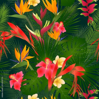 Papier peint  Strelitzia blossom, hawaiian hibiscus tropical flowers, palm leaves, monstera foliage seamless vector pattern.