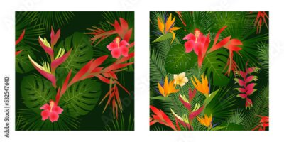 Papier peint  Strelitzia blossom, hawaiian hibiscus tropical flowers, palm leaves, monstera foliage seamless vector pattern set. Flowering plants fabric print. Tropical flowers and leavevs paradise desin. 