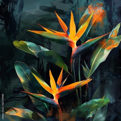 Papier peint  Strelitzia, dramatic, foliage, watercolor style