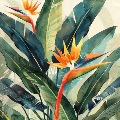 Papier peint  Strelitzia, dramatic, foliage, watercolor style