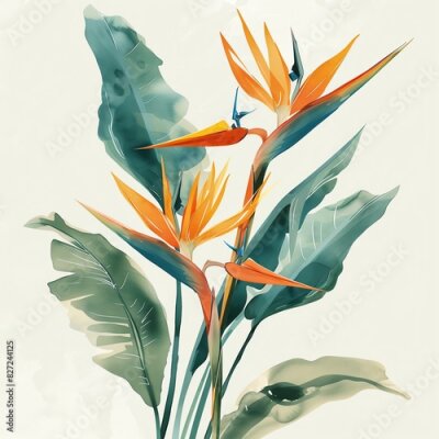 Papier peint  Strelitzia, dramatic, foliage, watercolor style