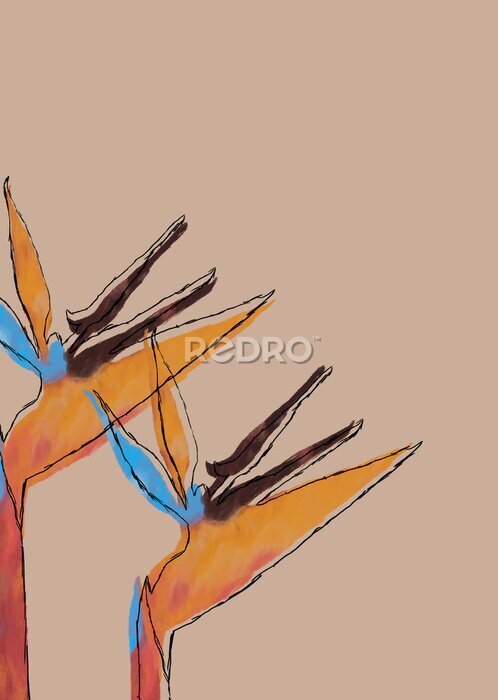 Papier peint  strelitzia duas hastes Ilustração digital abstrata com linhas feita a mão com fundo bege